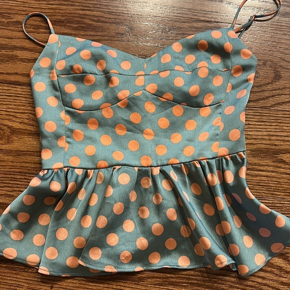 Zara polka dot Sleeveless Bustier Peplum Camisole top smocked back satin XS